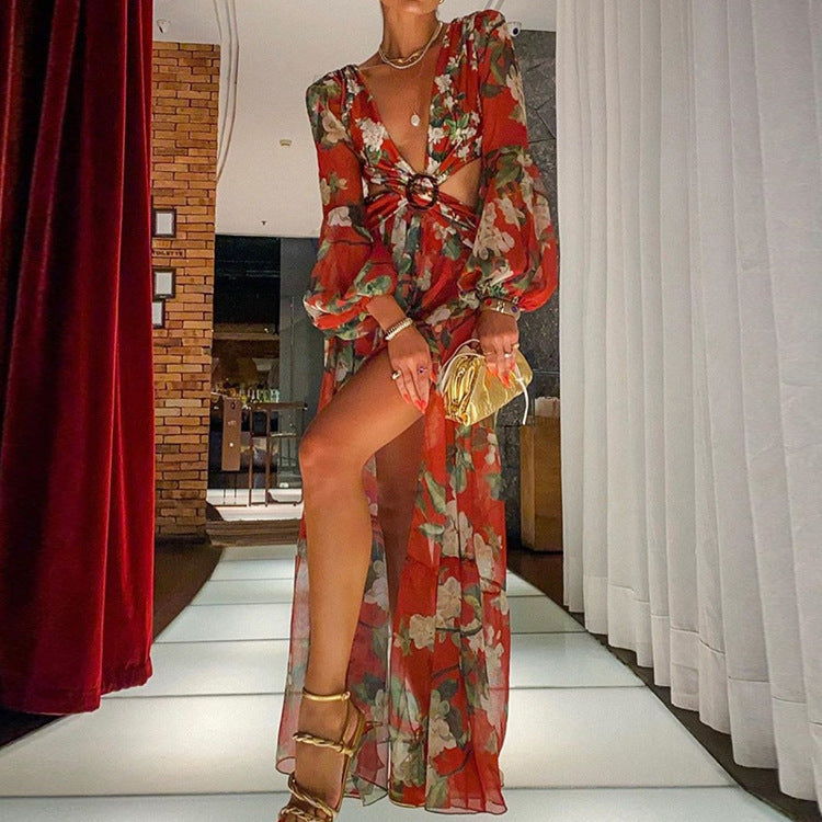 Abito lungo chiffon cut-out fantasia