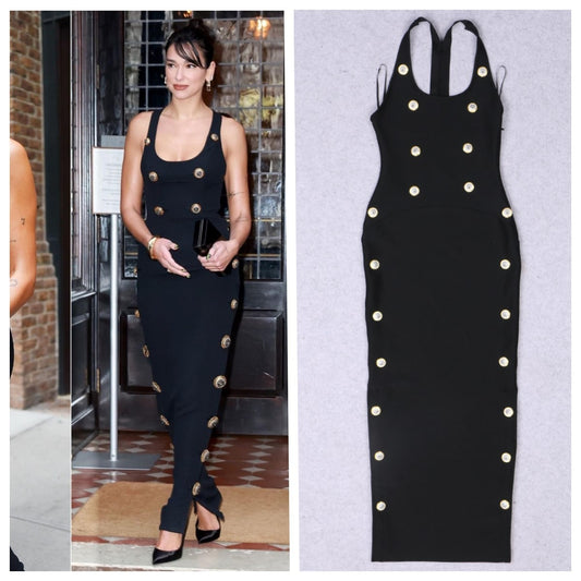 Abito lungo tessuto bandage bottoni dorati