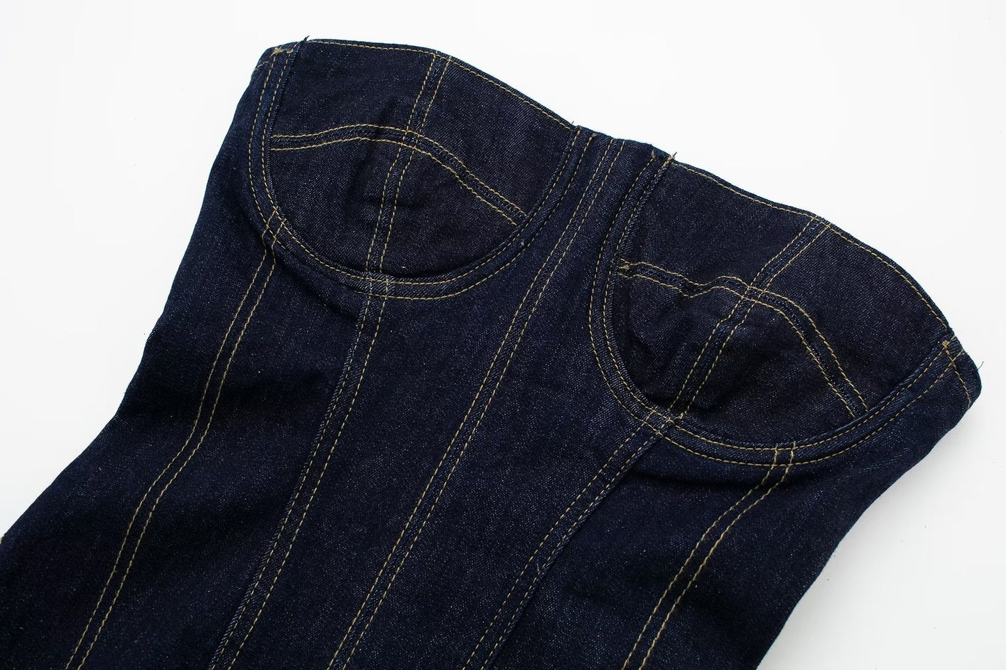 Abito lungo denim elasticizzato cuciture a contrasto