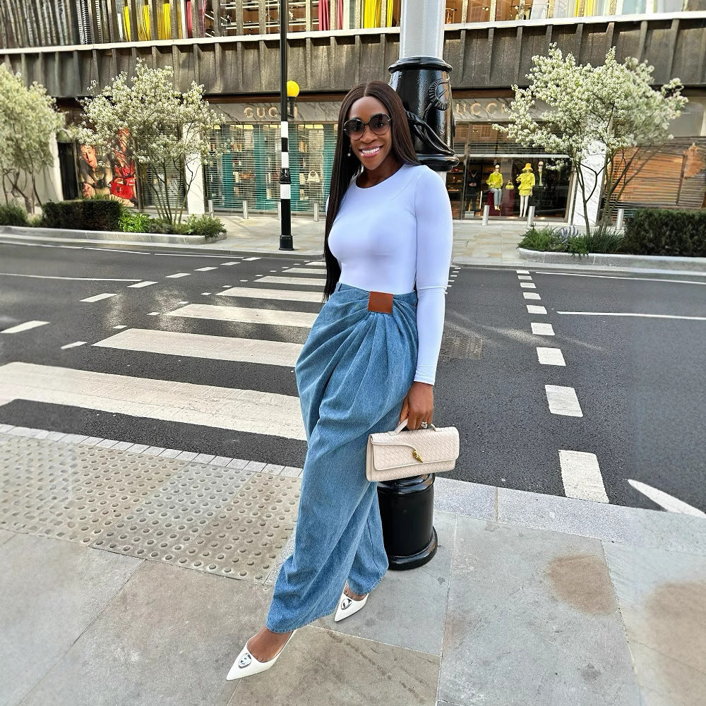 Pantalone denim vita alta drappeggiato
