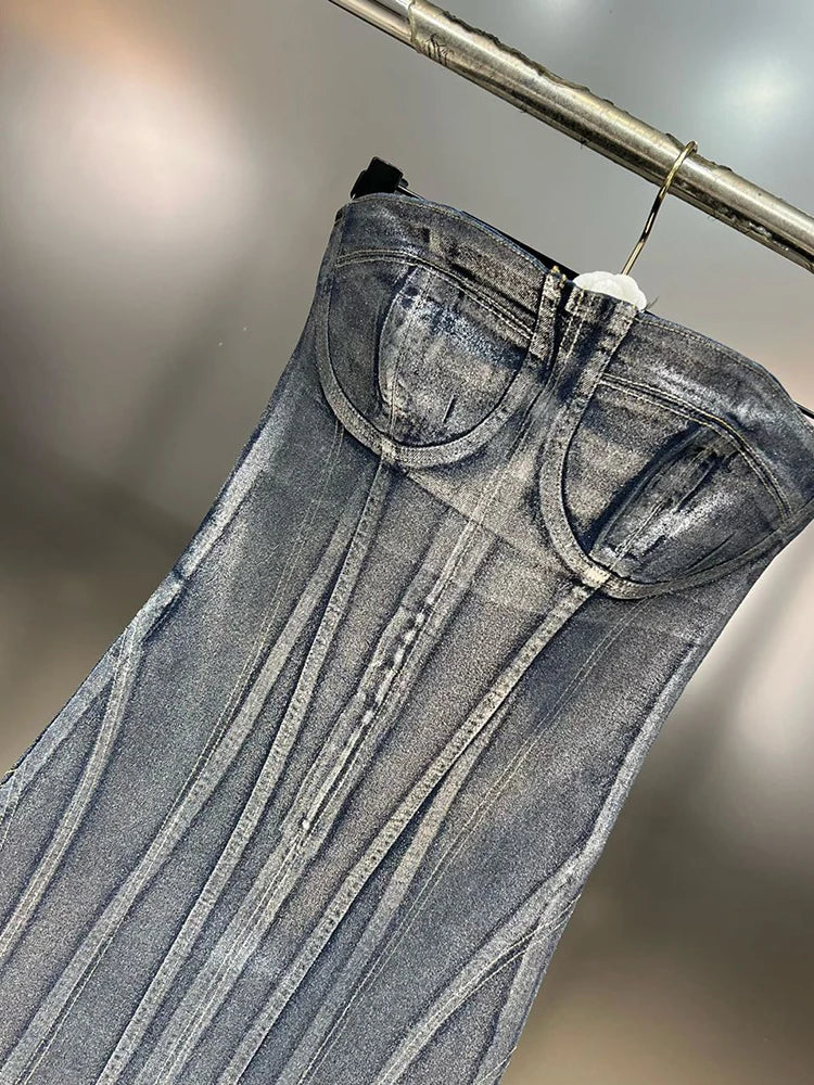 Abito elasticizzato in denim spalmato silver