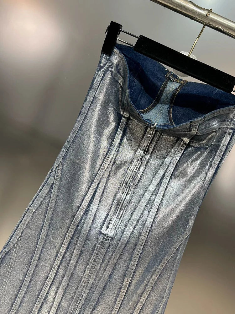 Abito elasticizzato in denim spalmato silver