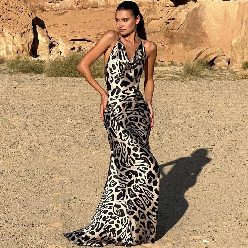 Abito lungo satin a sottoveste animalier