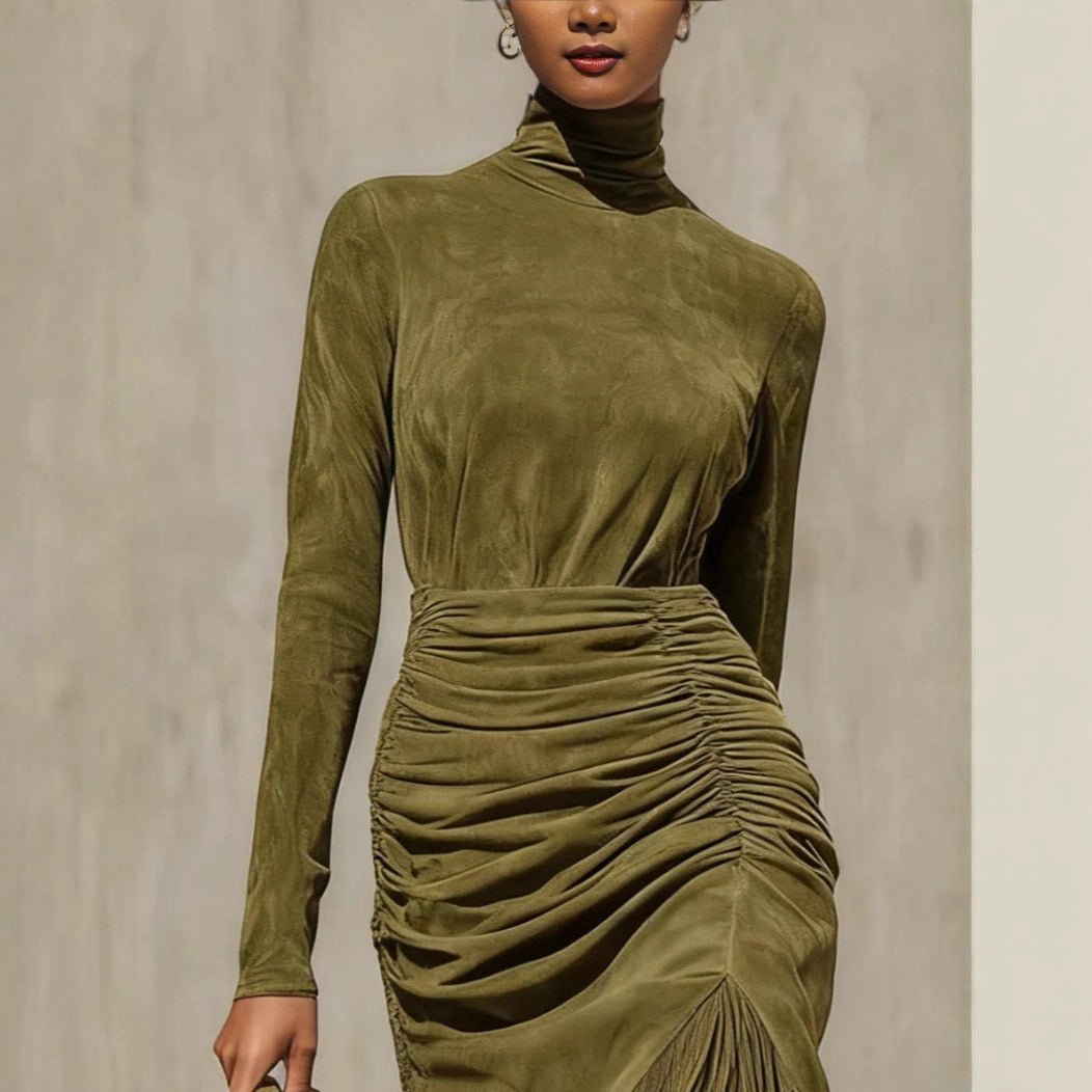 Abito longuette in suede con frange