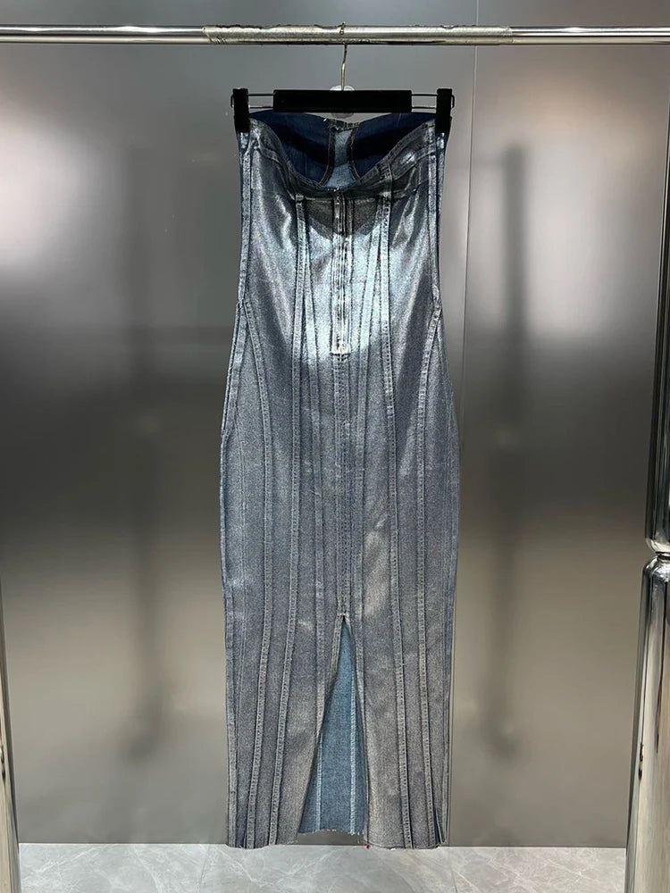 Abito elasticizzato in denim spalmato silver