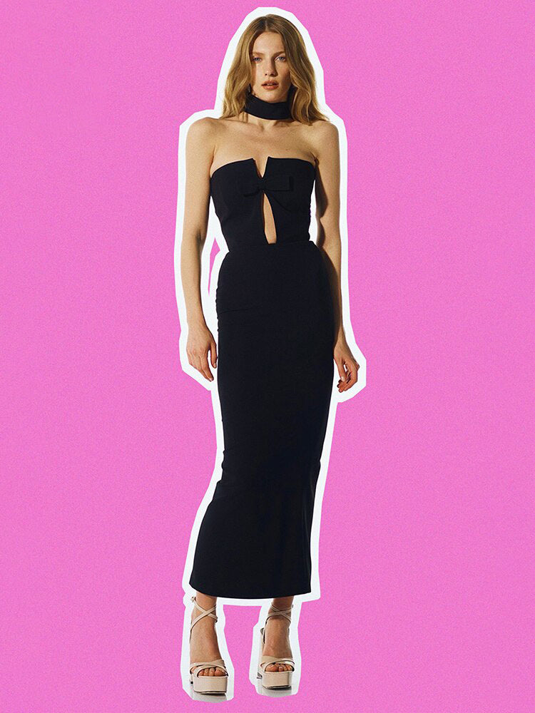 Abito lungo tubino tessuto bandage con fiocco