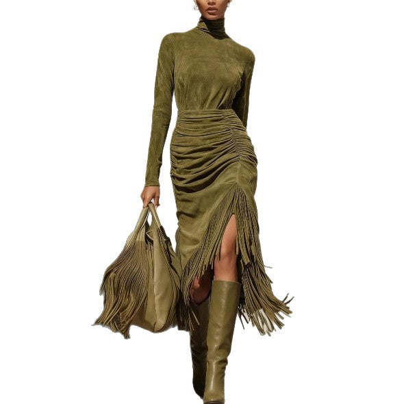 Abito longuette in suede con frange