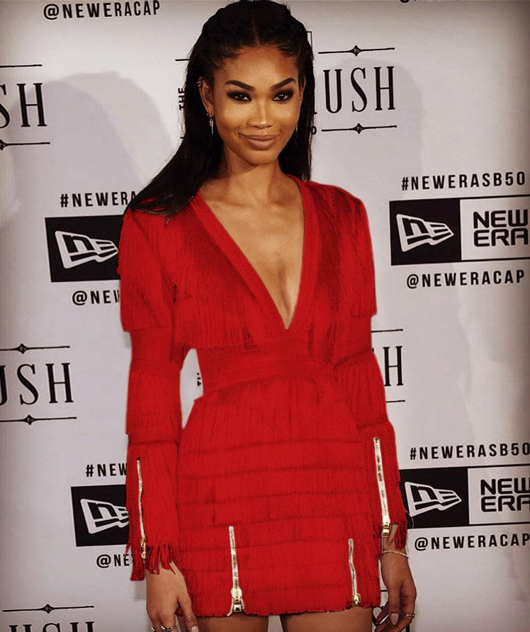 Mini abito tessuto bandage con frangette charleston