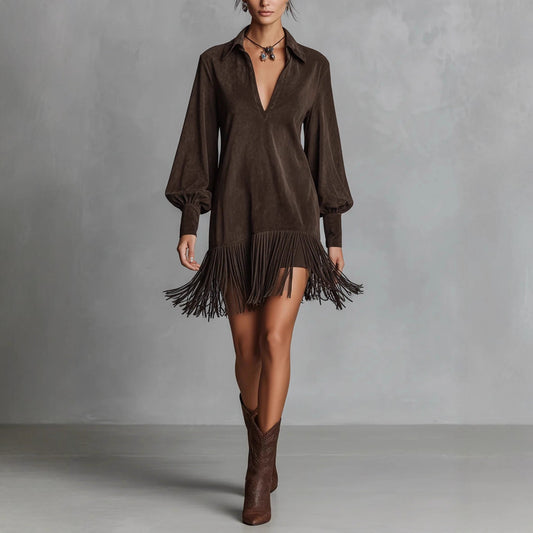 Abito svasato in suede con frange