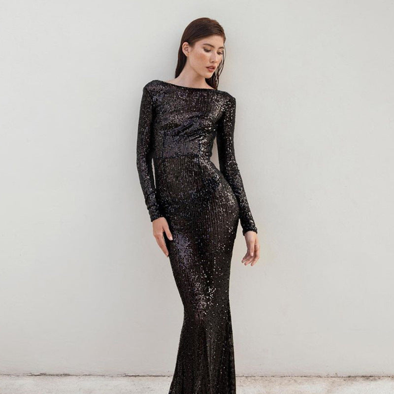 Abito lungo elegante micro pailettes scollo profondo sulla schiena