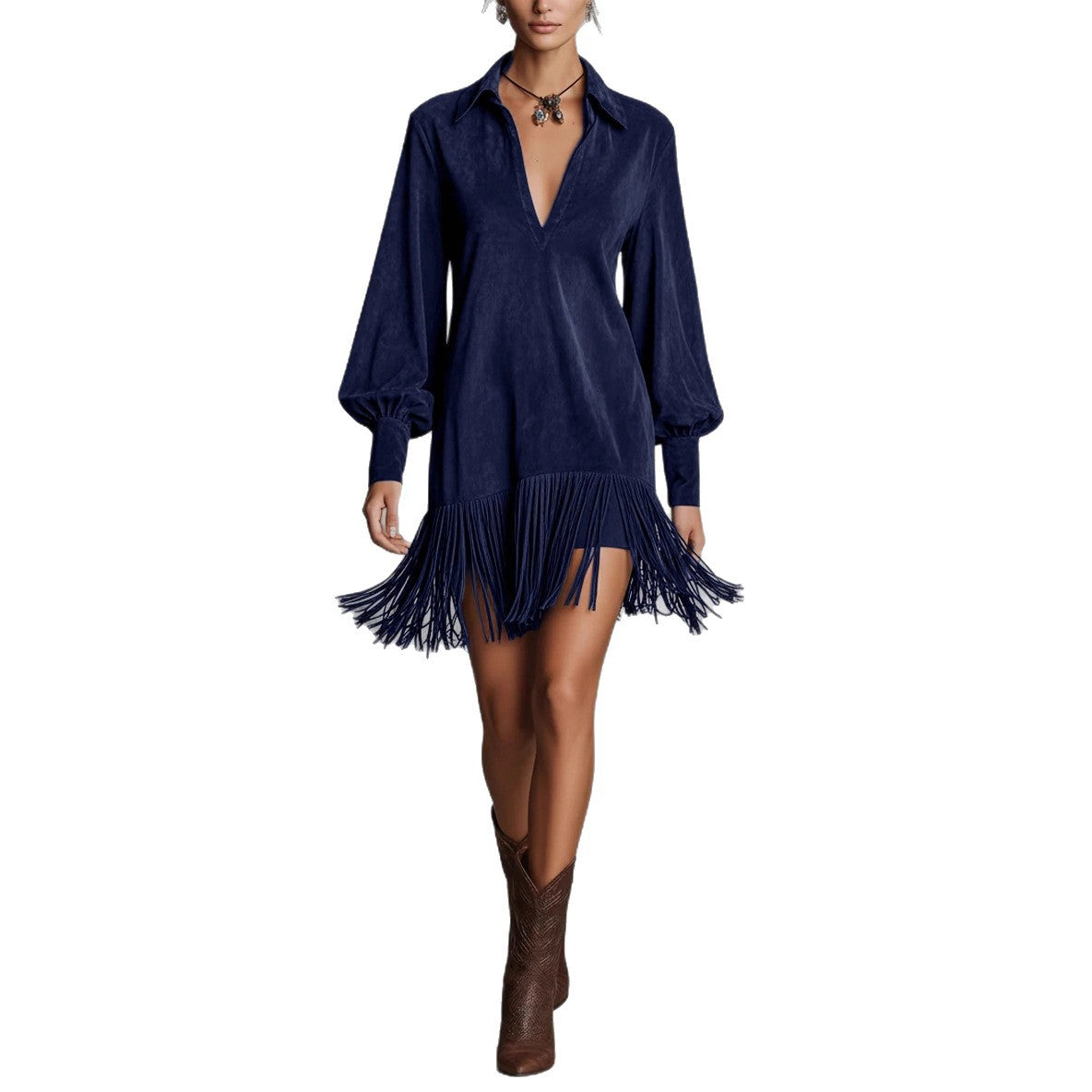 Abito svasato in suede con frange