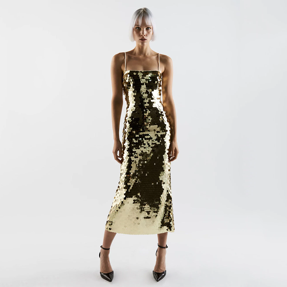 Abito lungo macro pailettes gold