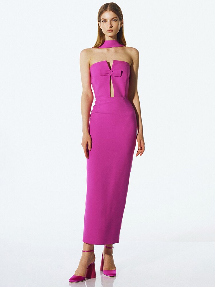 Abito lungo tubino tessuto bandage con fiocco