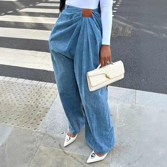 Pantalone denim vita alta drappeggiato
