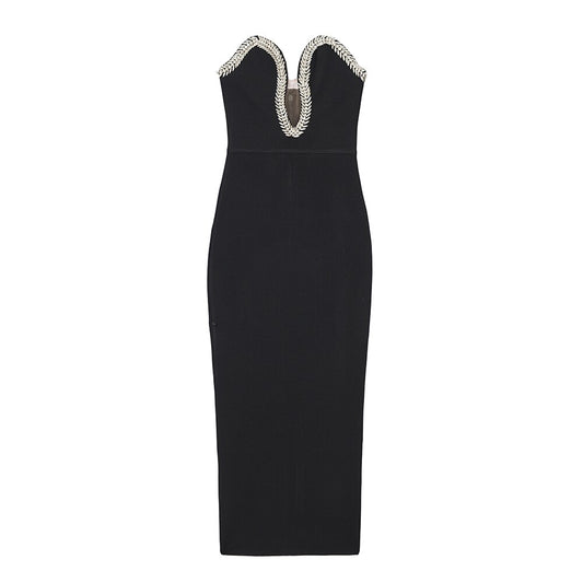 Abito lungo scollo a cuore applicazioni in strass